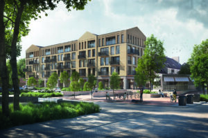 Format Architecten Artist Impression. Baetland Vastgoed realiseert 30 appartementen en commerciële plint in winkelcentrum De Huesmolen in Hoorn.