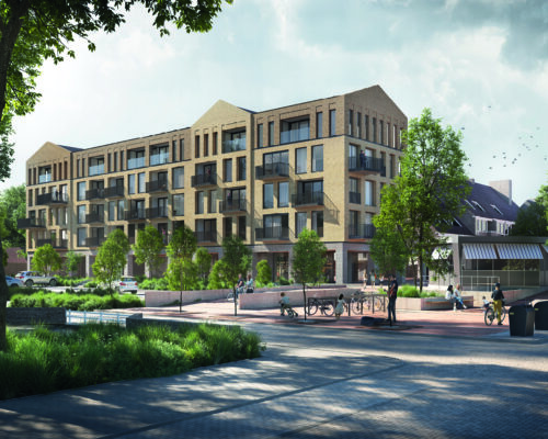 Format Architecten Artist Impression. Baetland Vastgoed realiseert 30 appartementen en commerciële plint in winkelcentrum De Huesmolen in Hoorn.