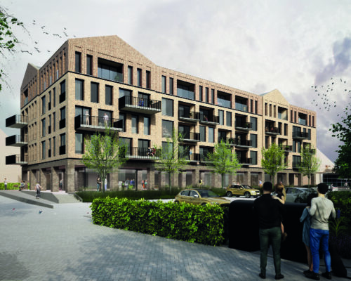 Format Architecten Artist Impression. Baetland Vastgoed realiseert 30 appartementen en commerciële plint in winkelcentrum De Huesmolen in Hoorn.